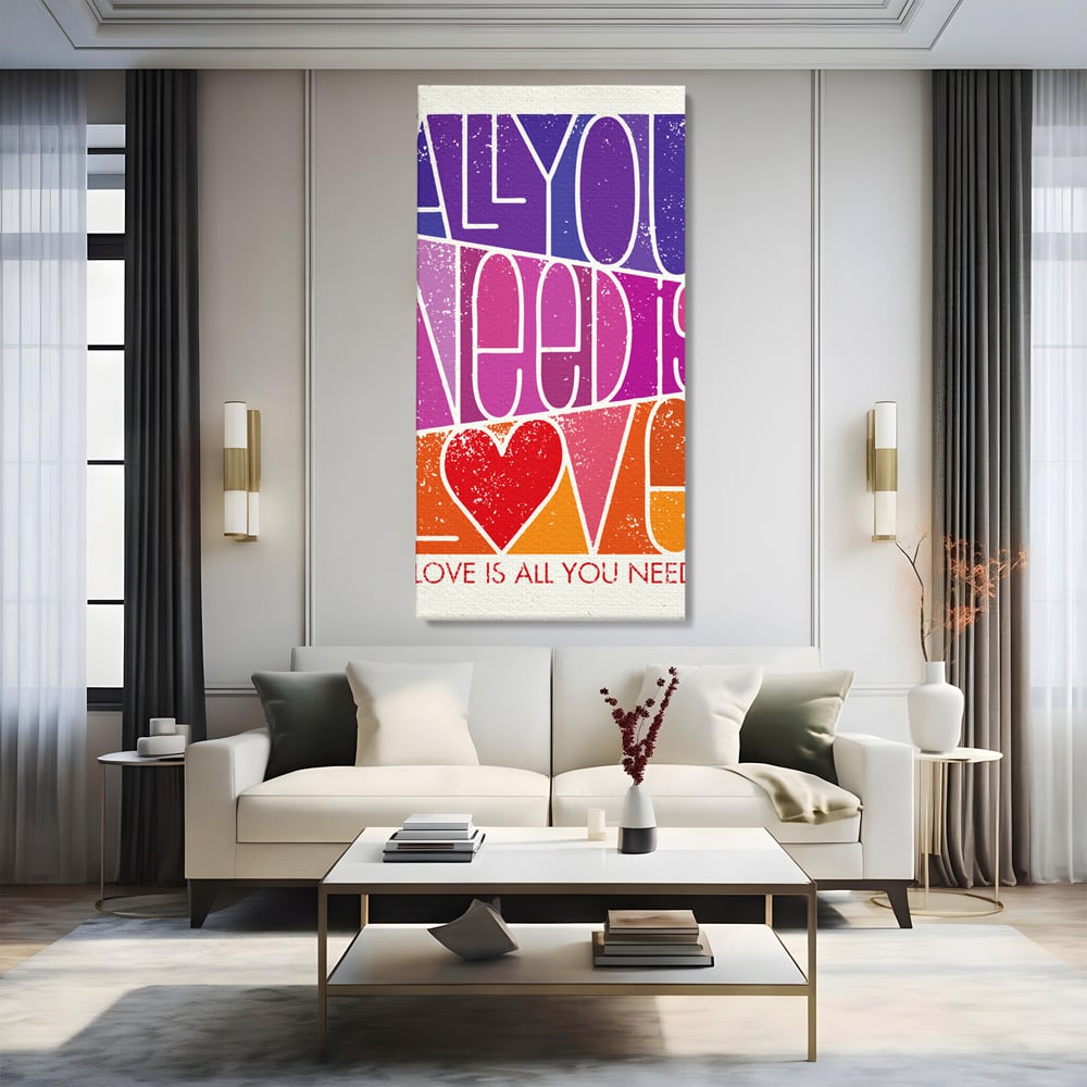 Tablou canvas cu tablou canvas motivational cu text colorat, fara rama, pe sasiu de lemn, pe perete intr-un living